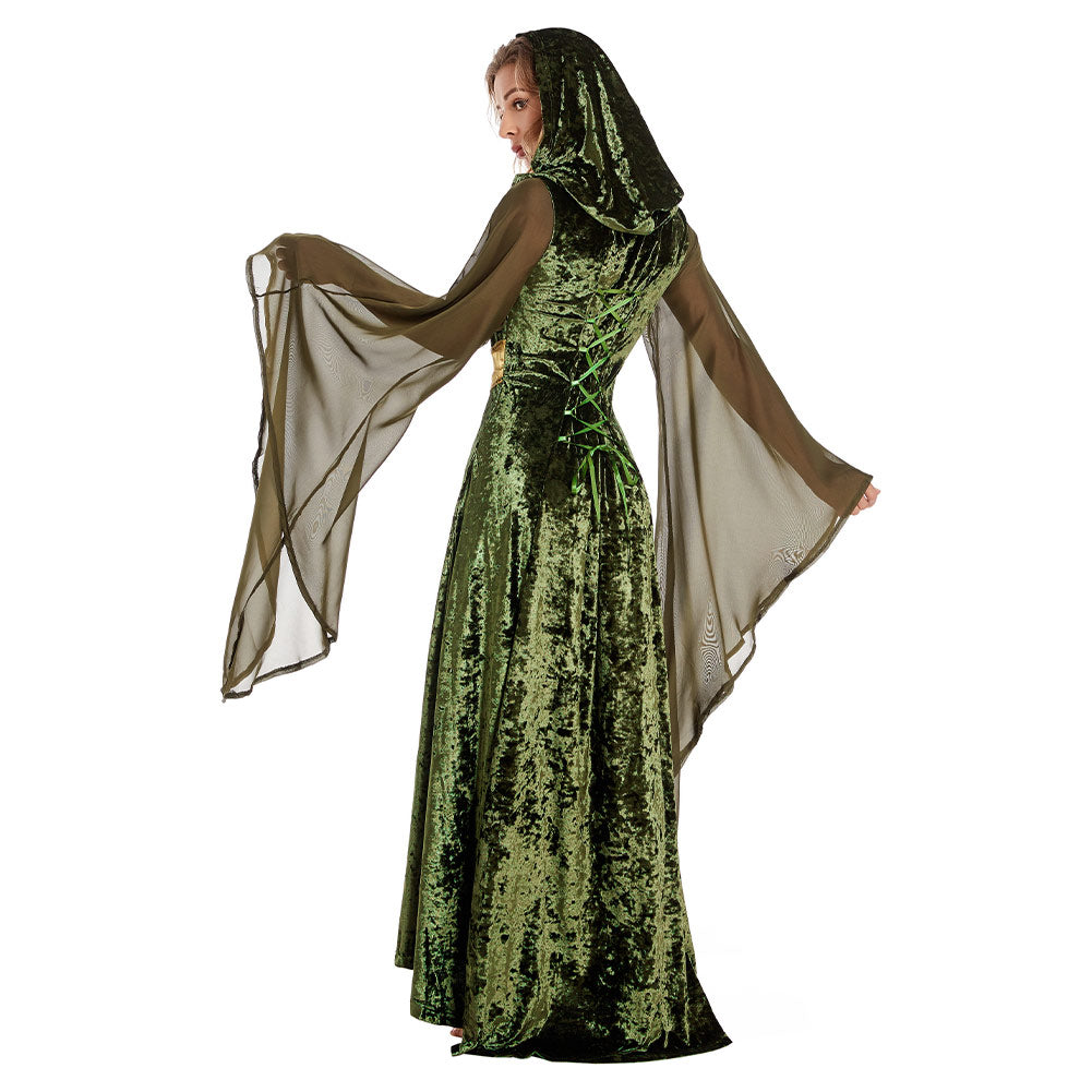 Damen Mittelalter Kleid mit Kapuze Halloween Karneval Cosplay Kleid