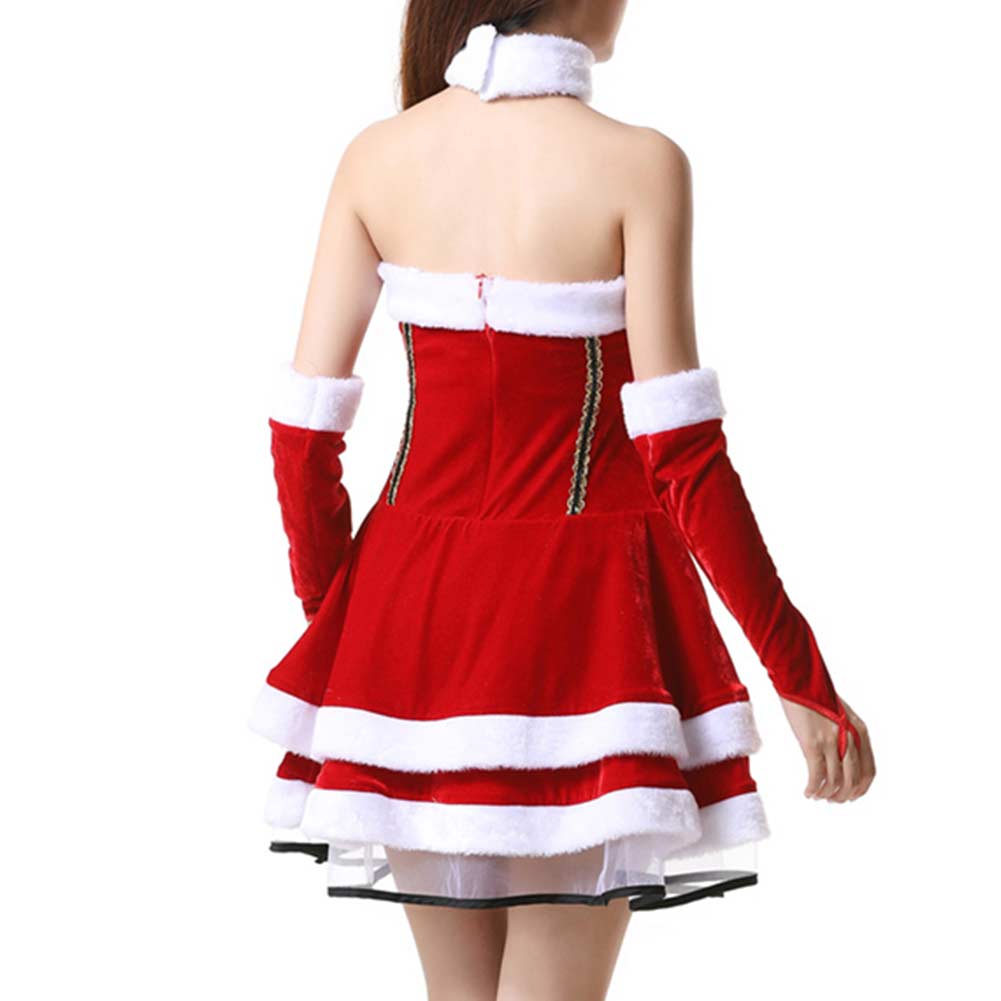 Damen Rot weihnachten schulterfreies Kleid transparentem Netz Kanarienvogel Samt Santa Kleid