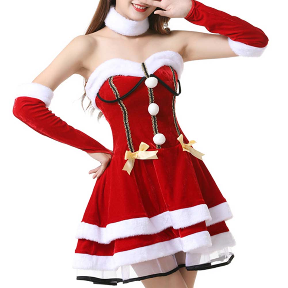 Damen Rot weihnachten schulterfreies Kleid transparentem Netz Kanarienvogel Samt Santa Kleid
