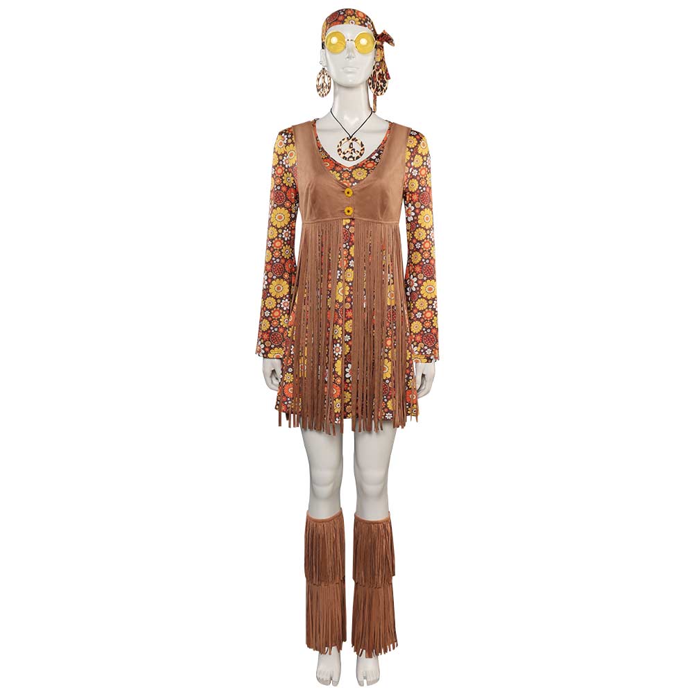 Damen Vintage Retro 70er Hippie Rock Cosplay Kostüm Outfits Halloween Karneval Party Verkleidung Anzug Disco Hippie Retro